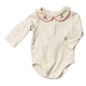 Janie and Jack Aviary Cream Baby Onesie with Pink Embroidered Collar 6-12 months